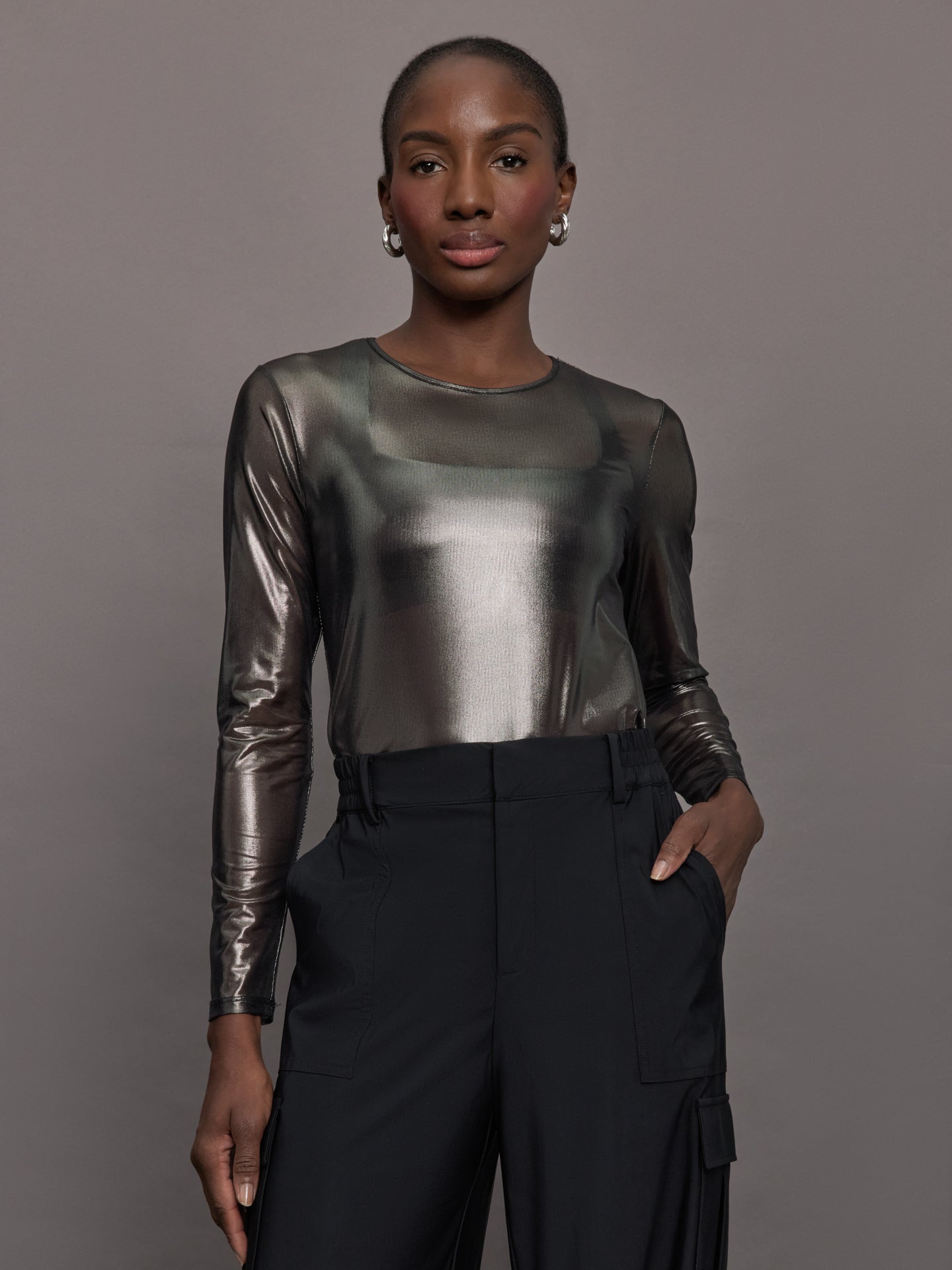 Carbon38 | Silver Mesh Long Sleeve Top - Grey Mesh