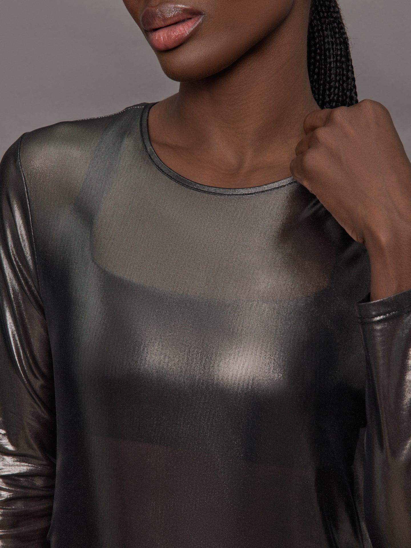 Carbon38 | Silver Mesh Long Sleeve Top - Grey Mesh