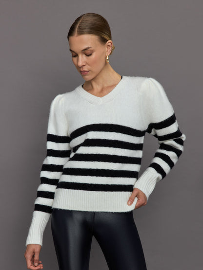 Carbon38 | Striped Puff Sleeve Sweater - Cream/ Black
