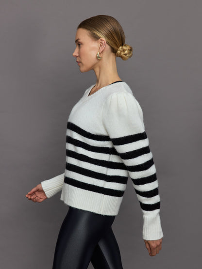 Carbon38 | Striped Puff Sleeve Sweater - Cream/ Black