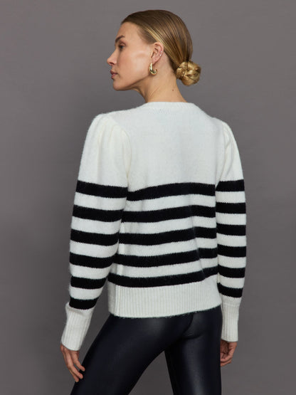 Carbon38 | Striped Puff Sleeve Sweater - Cream/ Black