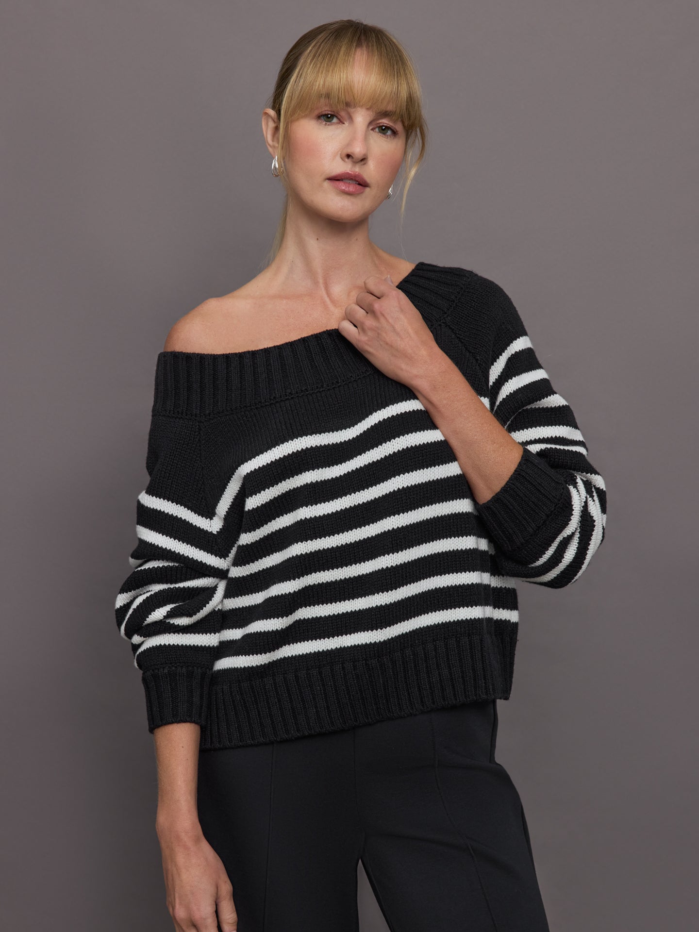 Carbon38 | Slouchy Off Shoulder Sweater - Black / White Stripe