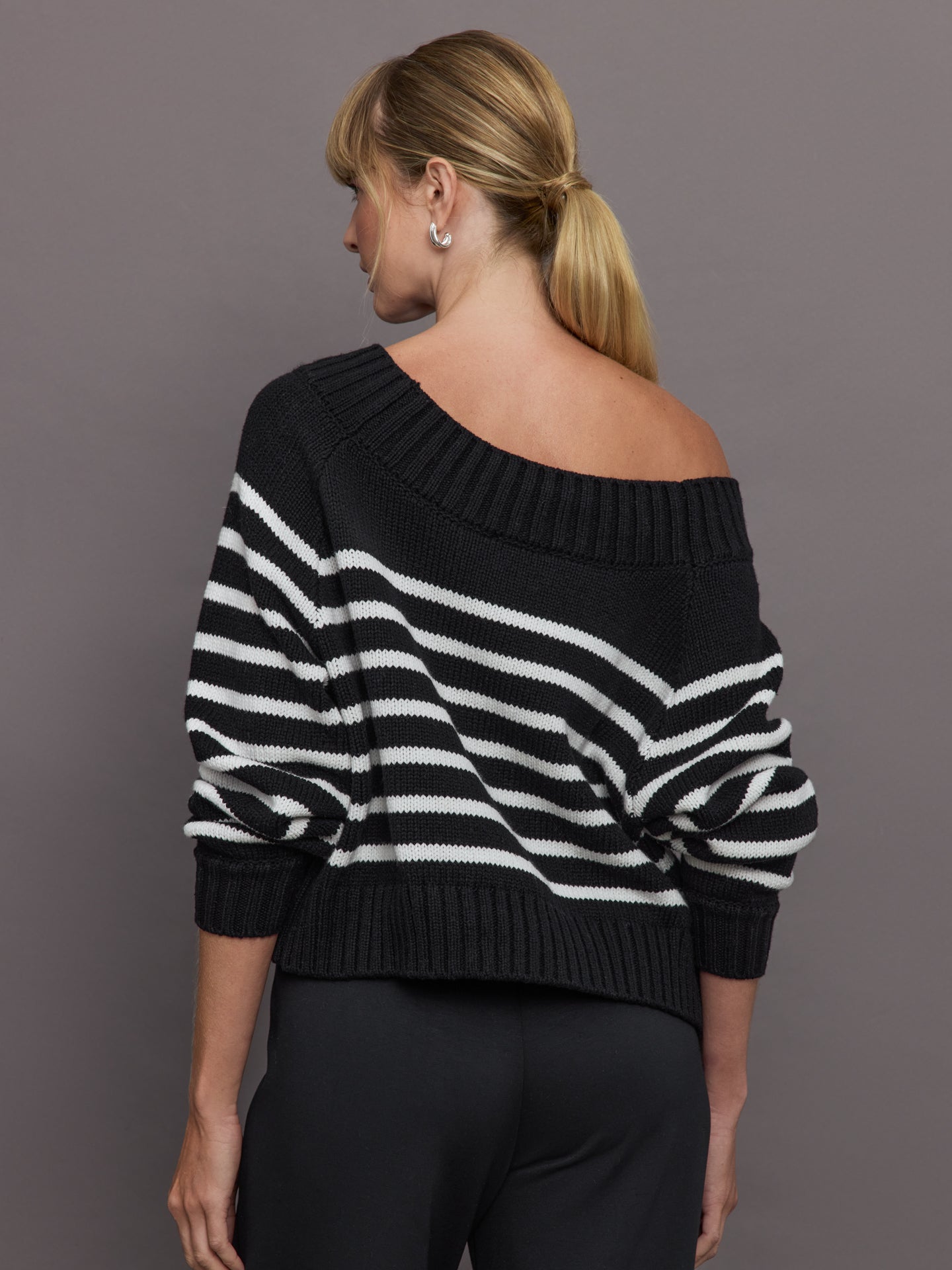 Carbon38 | Slouchy Off Shoulder Sweater - Black / White Stripe