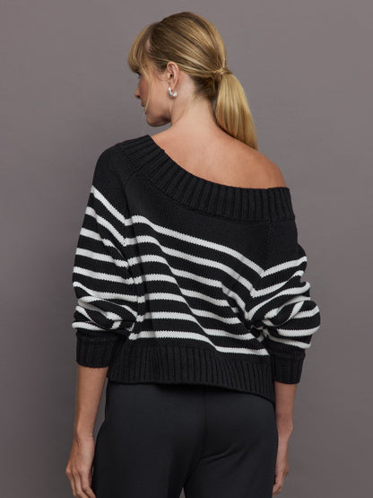 Carbon38 | Slouchy Off Shoulder Sweater - Black / White Stripe