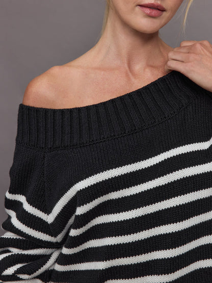Carbon38 | Slouchy Off Shoulder Sweater - Black / White Stripe
