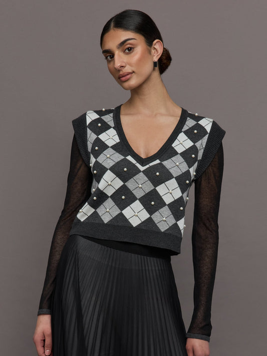 Carbon38 | Nomia Plaid Pearly V-Neck Sweater - Grey/Silver