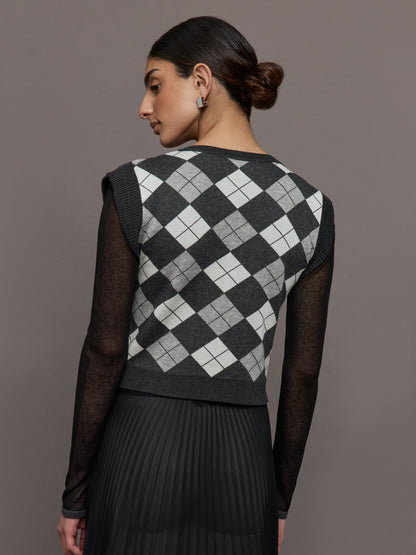 Carbon38 | Nomia Plaid Pearly V-Neck Sweater - Grey/Silver