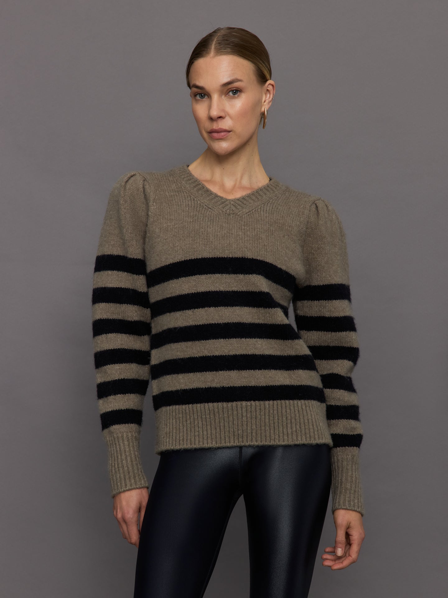 Carbon38 | Striped Puff Sleeve Sweater - Stone/ Black