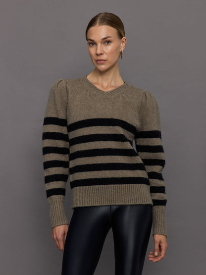 Carbon38 | Striped Puff Sleeve Sweater - Stone/ Black