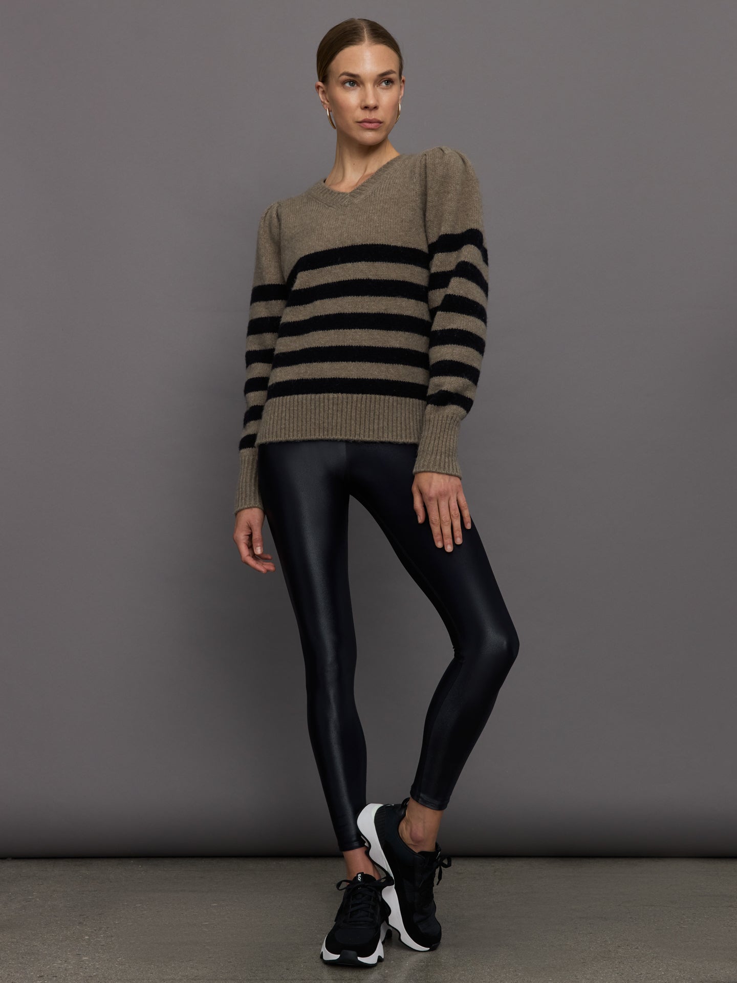 Carbon38 | Striped Puff Sleeve Sweater - Stone/ Black