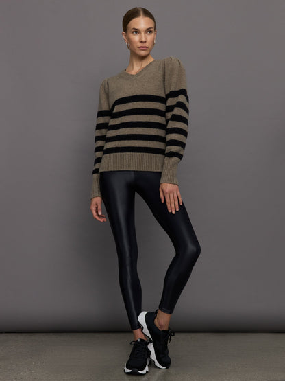 Carbon38 | Striped Puff Sleeve Sweater - Stone/ Black