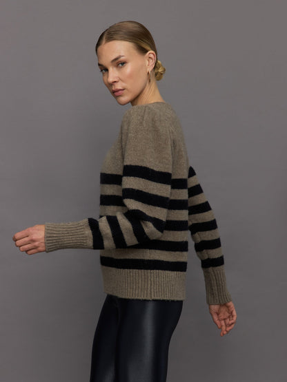 Carbon38 | Striped Puff Sleeve Sweater - Stone/ Black