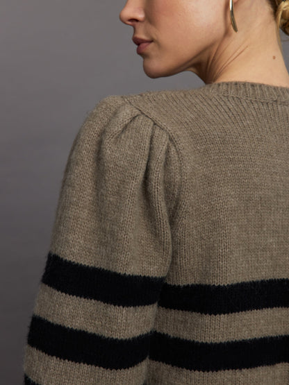 Carbon38 | Striped Puff Sleeve Sweater - Stone/ Black