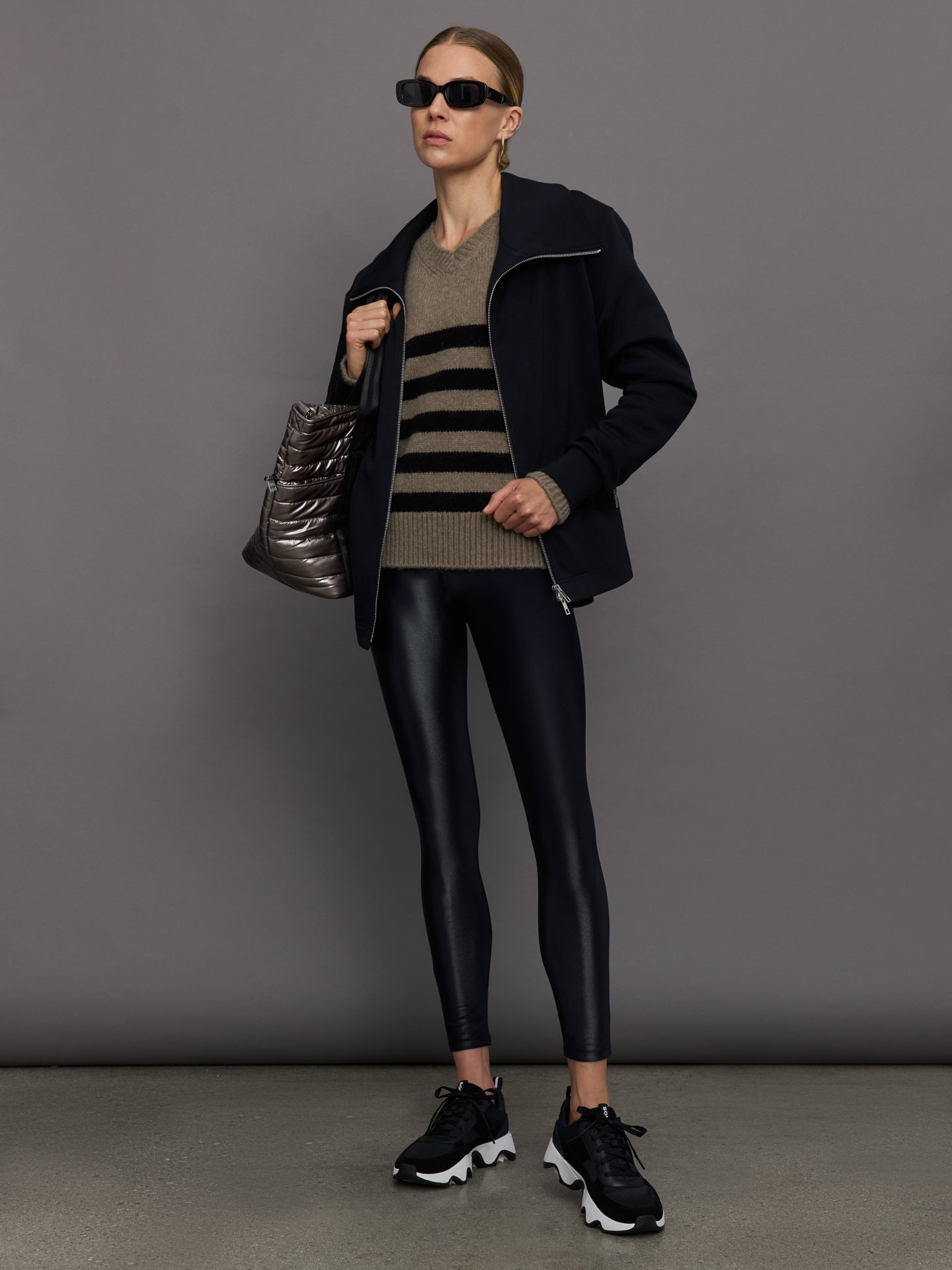 Carbon38 | Striped Puff Sleeve Sweater - Stone/ Black