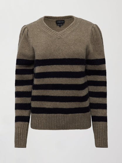 Carbon38 | Striped Puff Sleeve Sweater - Stone/ Black