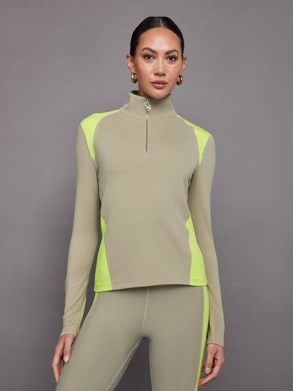 Carbon38 | Colorblock Half Zip Top in Melt - Silversage / Acid Lime