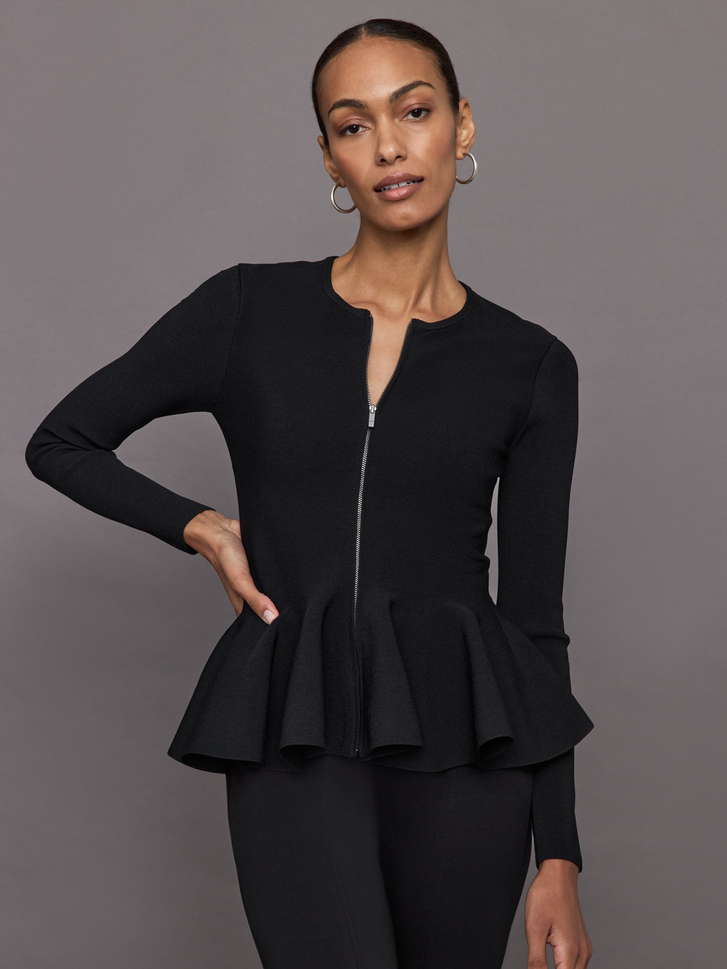 Carbon38 | Peplum Zip Up - Black