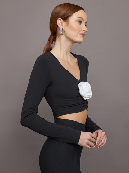 Carbon38 | Rosette Long Sleeve Top in Melt - Black w/ White Rosette