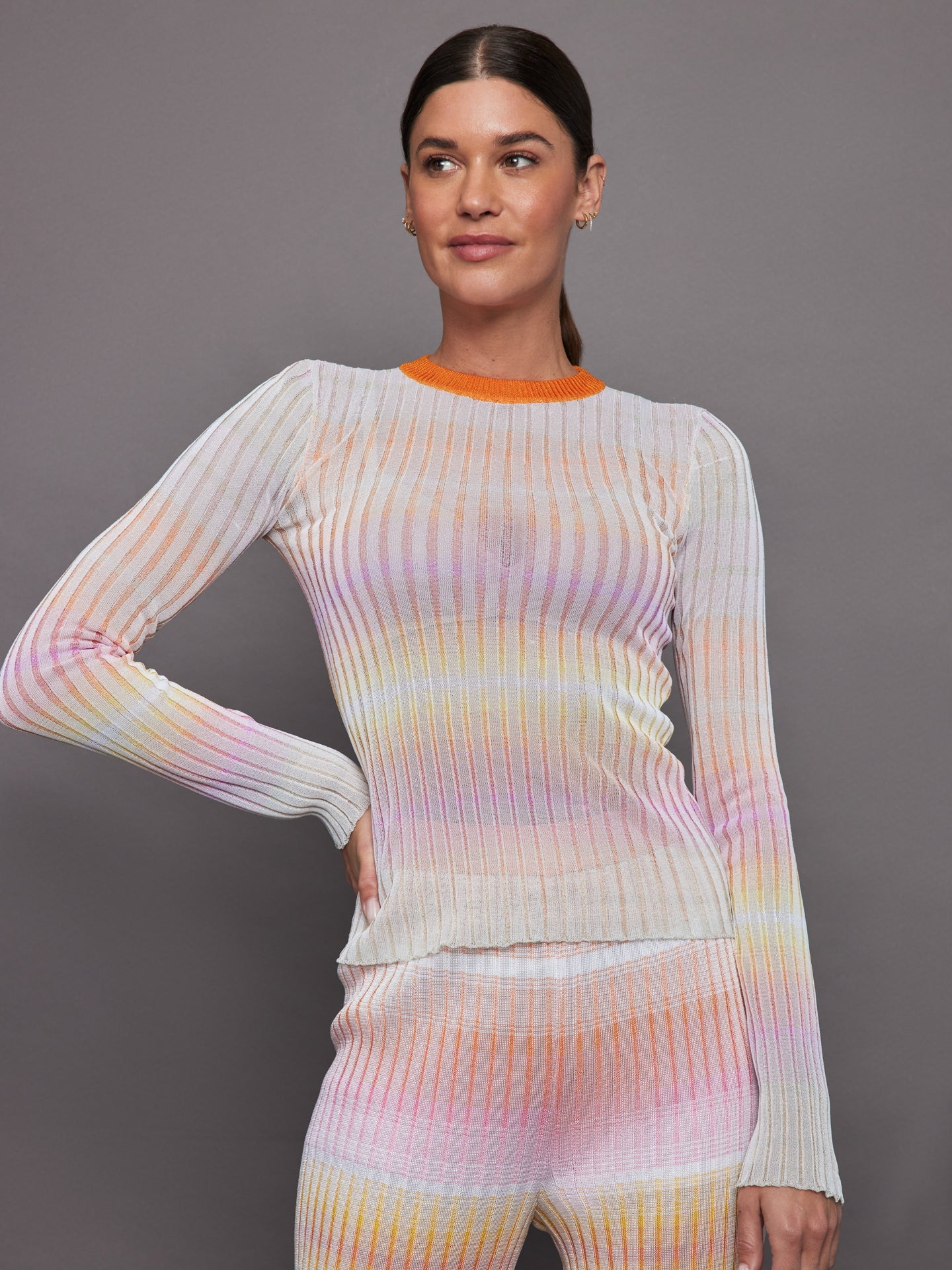 Carbon38 | Ribbed crew-neck jumper with contrasting collar - Orange / Multi
