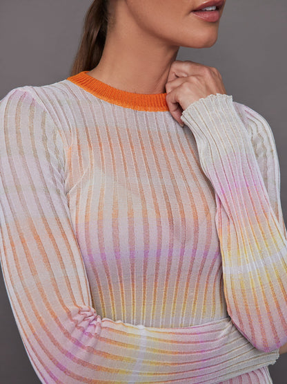 Carbon38 | Ribbed crew-neck jumper with contrasting collar - Orange / Multi