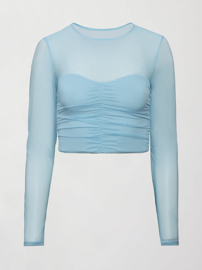 Carbon38 | Ruched Mesh Long Sleeve Top in Melt - Sky Blue