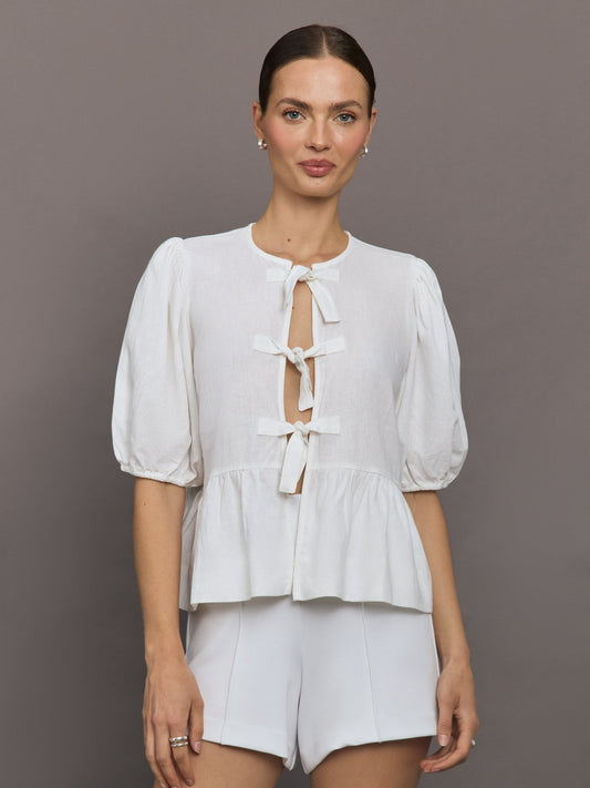 Carbon38 | Linen Tie Puff Sleeve Top - White