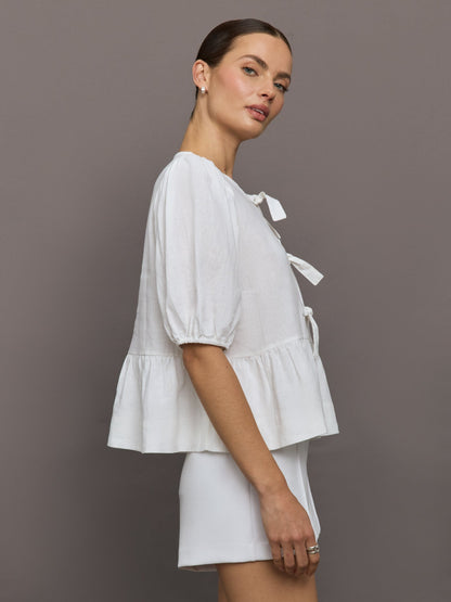 Carbon38 | Linen Tie Puff Sleeve Top - White