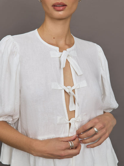 Carbon38 | Linen Tie Puff Sleeve Top - White