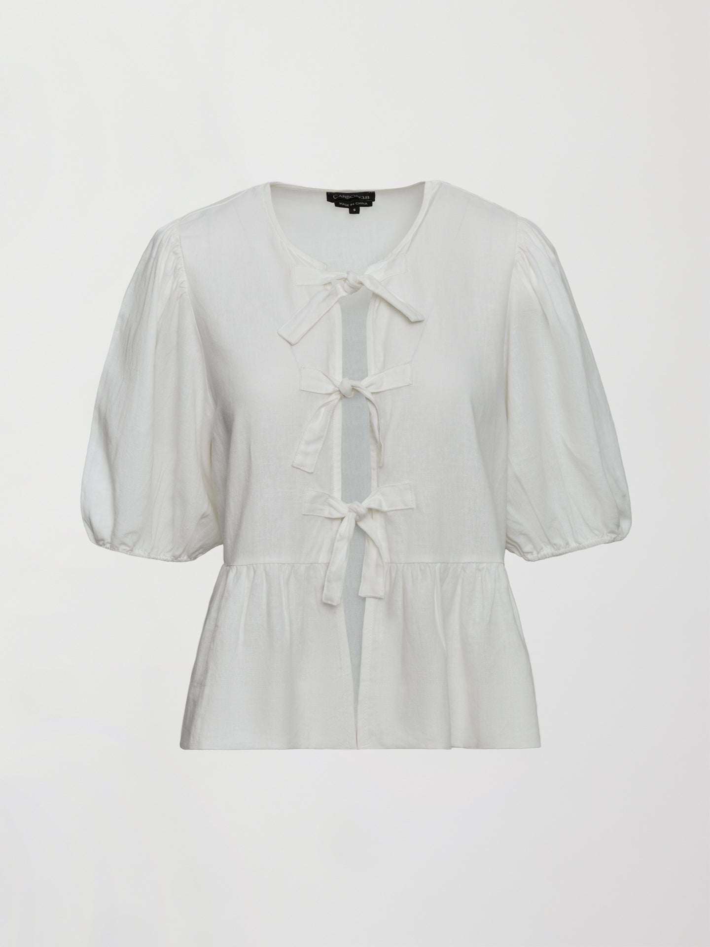 Carbon38 | Linen Tie Puff Sleeve Top - White