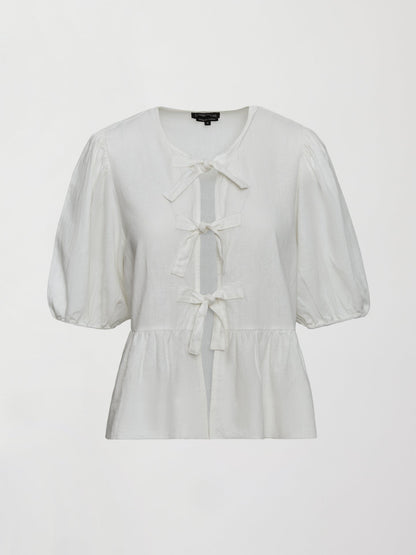 Carbon38 | Linen Tie Puff Sleeve Top - White