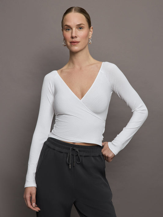 Carbon38 | Long Sleeve Wrap Top in Ribbed Jersey - White