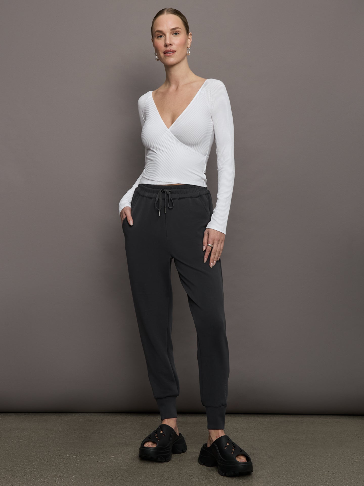 Carbon38 | Long Sleeve Wrap Top in Ribbed Jersey - White