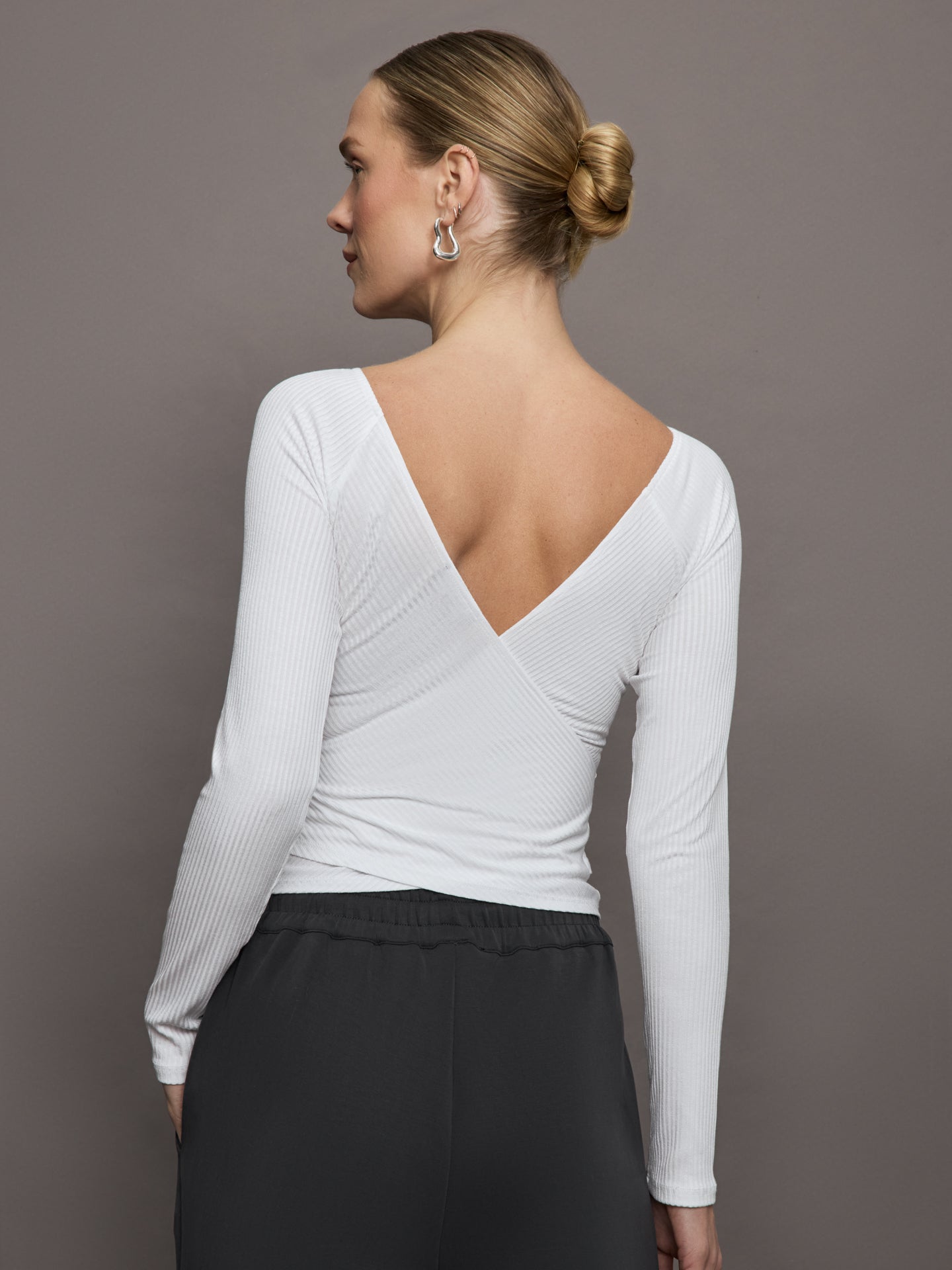 Carbon38 | Long Sleeve Wrap Top in Ribbed Jersey - White