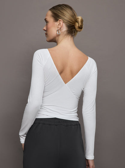 Carbon38 | Long Sleeve Wrap Top in Ribbed Jersey - White