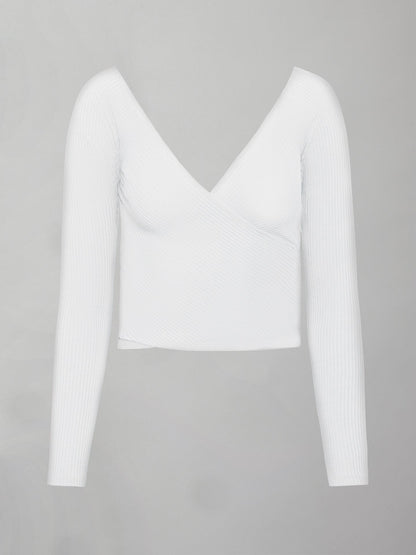 Carbon38 | Long Sleeve Wrap Top in Ribbed Jersey - White