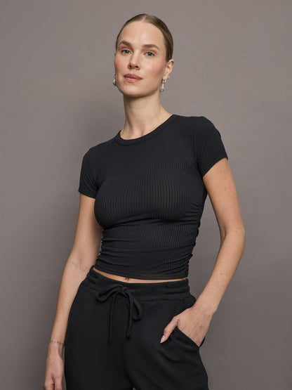 Carbon38 | Cap Sleeve Ruched Top in Ribbed Jersey - Black