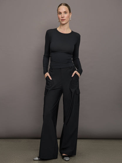 Carbon38 | Long Sleeve Ruched Top in Ribbed Jersey - Black