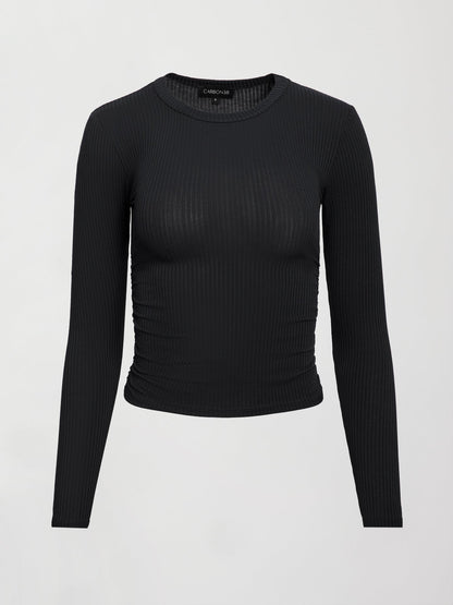 Carbon38 | Long Sleeve Ruched Top in Ribbed Jersey - Black
