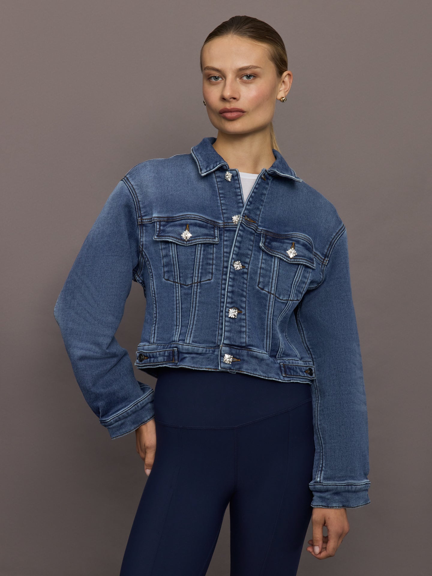 Carbon38 | Jeweled Cropped Denim Jacket - Dark Wash