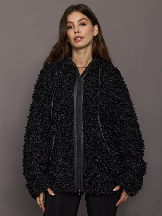 Carbon38 | Oversized Raglan Sleeve Zip Front Hooded Jacket - Black